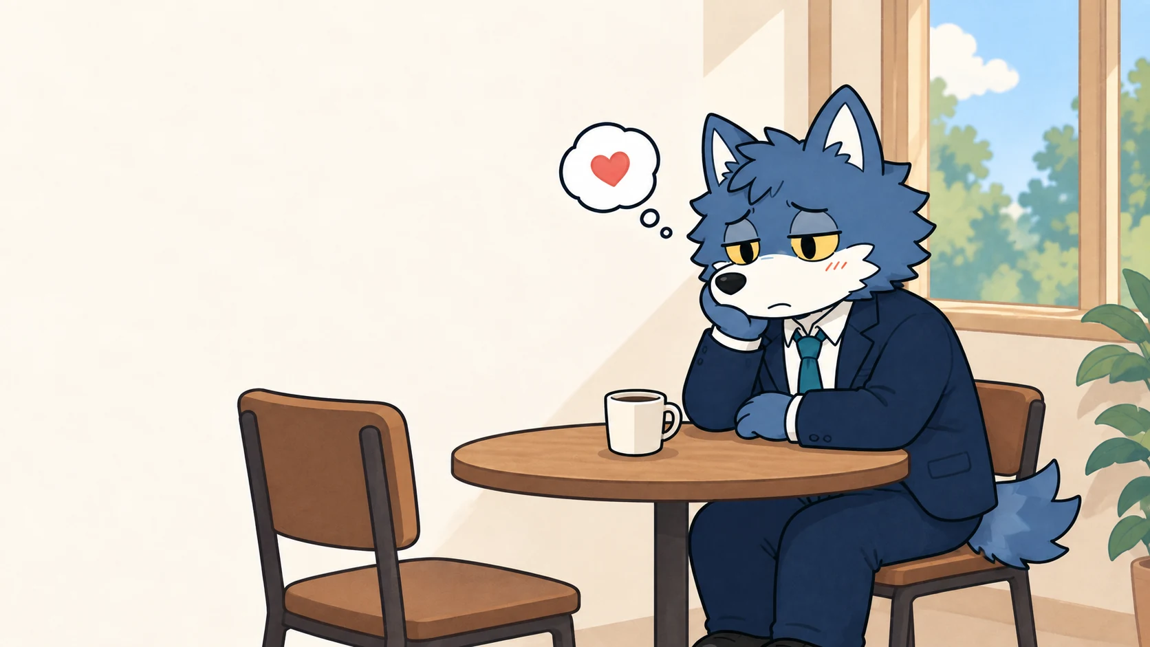 カフェの向かいの席を見て、相手の気持ちを考えるウルフくん