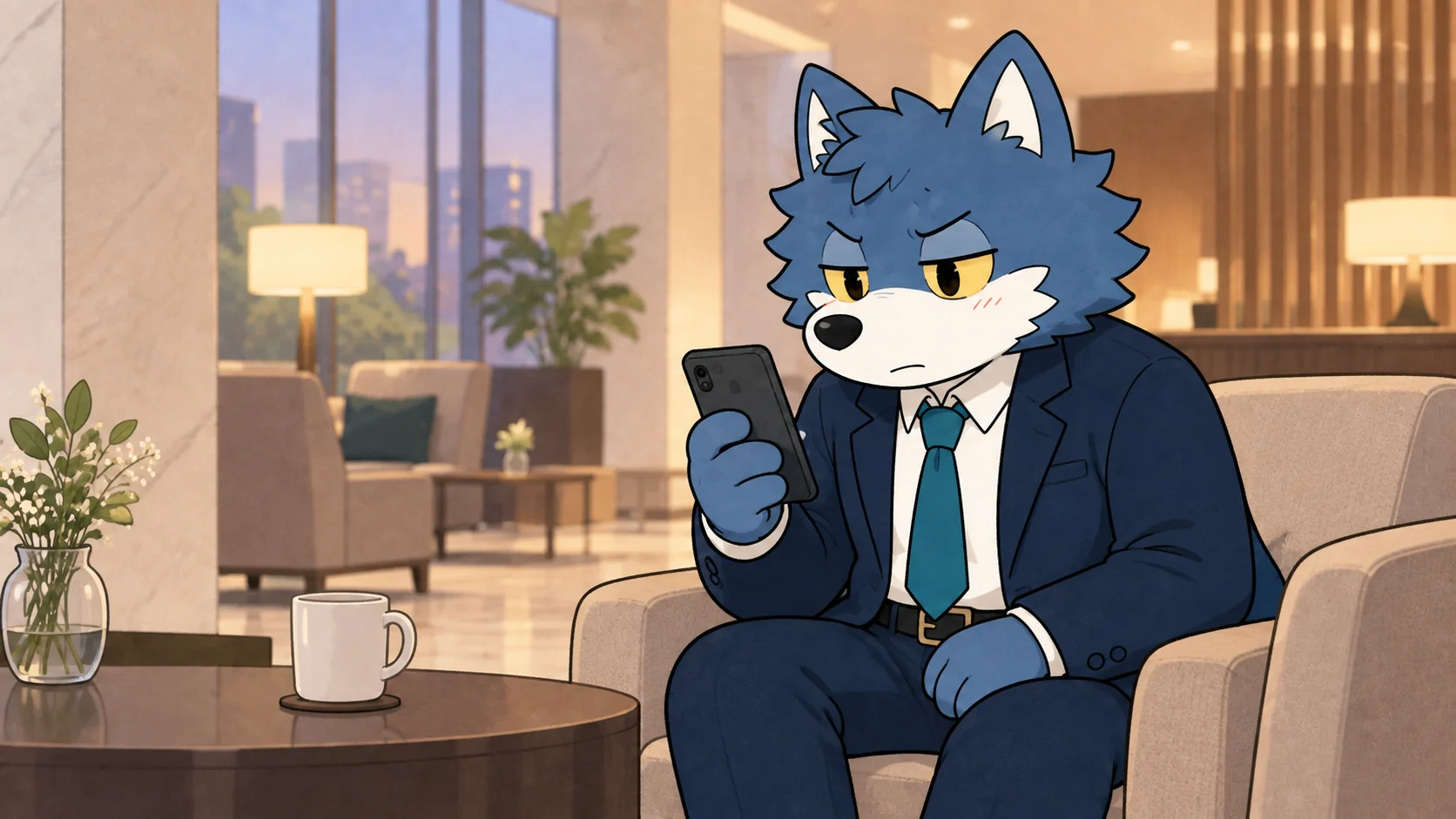 お見合いの直前にスマートフォンでプロフィールを確認するウルフくん