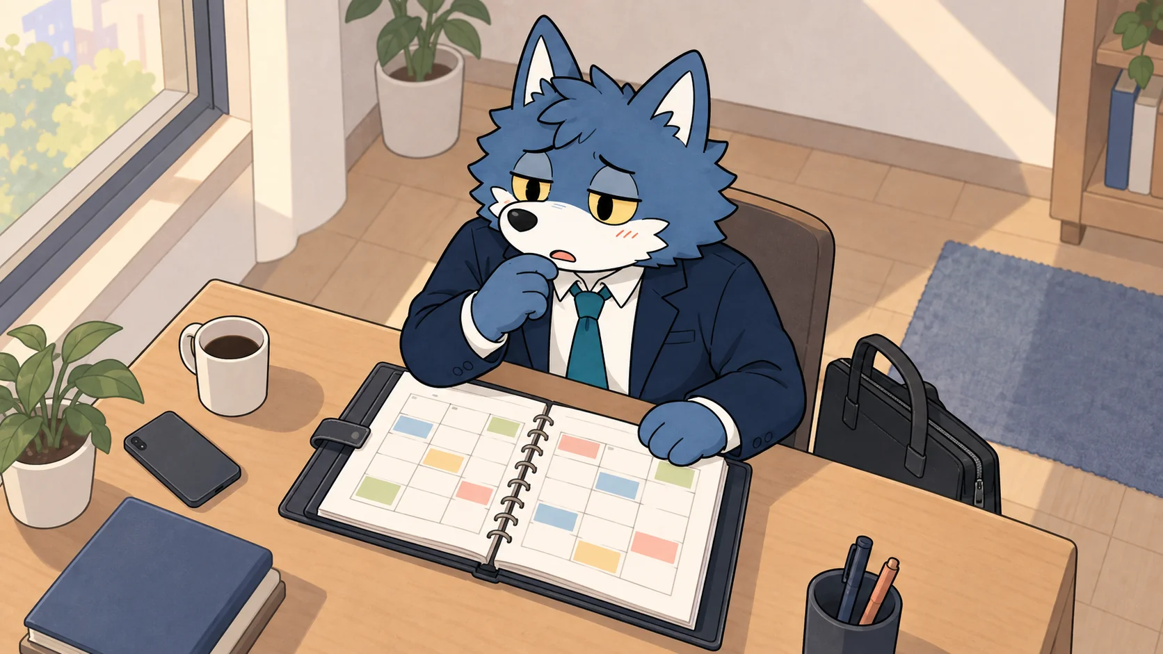 週末から月曜日までのお見合い予定を手帳で確認するウルフくん