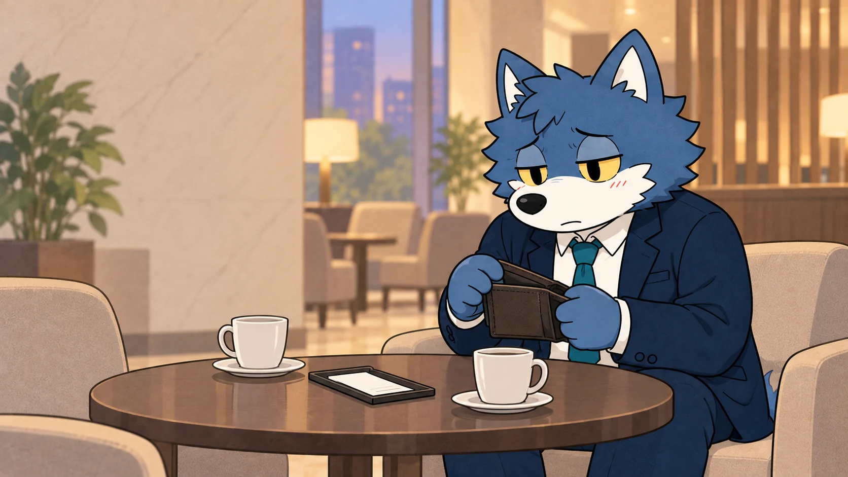 お見合い後のラウンジでお茶代を支払うため財布を開くウルフくん