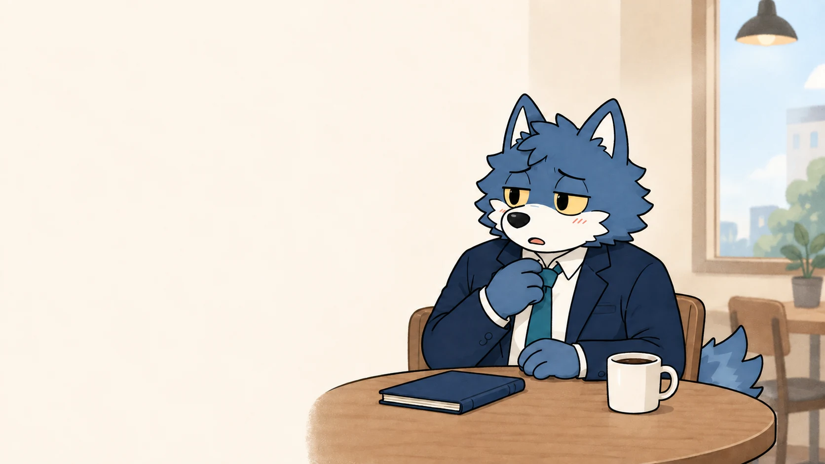 カフェで仕事用ノートを前に、人としての信頼と恋愛感情の違いを考えるウルフくん。