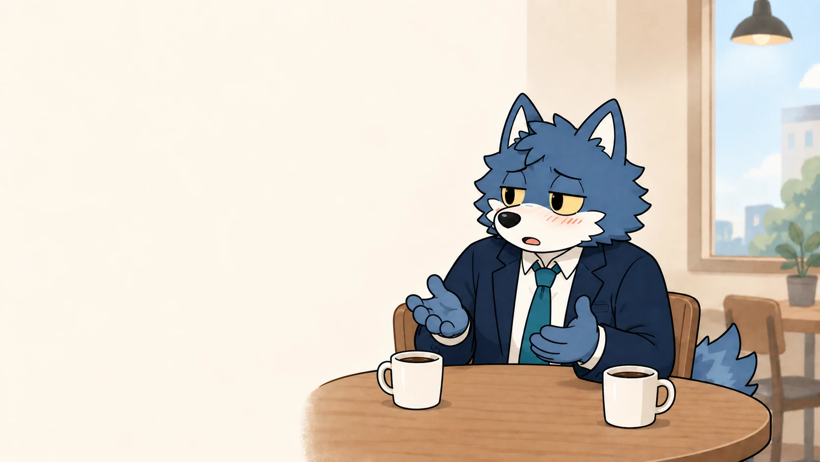 カフェで相手の好意を感じながら、少し身を乗り出して話すウルフくん。