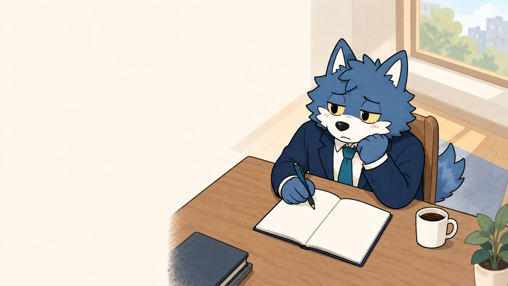 ノートを開き、相手への評価と自分の気持ちを分けて整理するウルフくん。