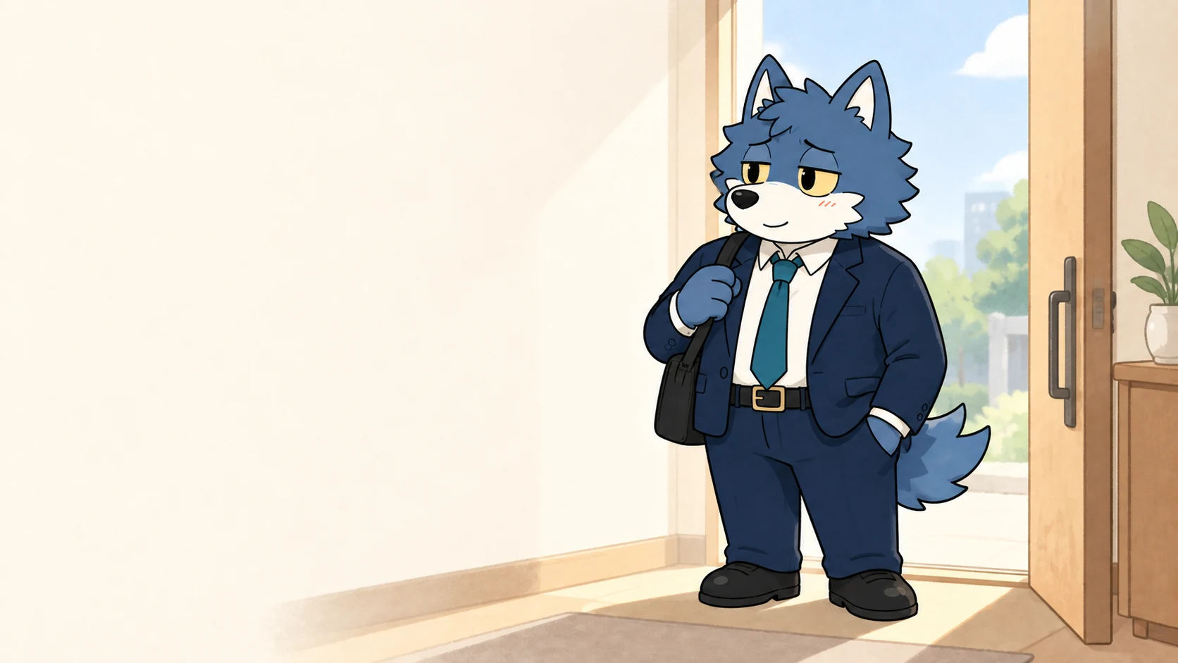 自分の気持ちを受け止め、明るいドアのそばで肩の力を抜くウルフくん。