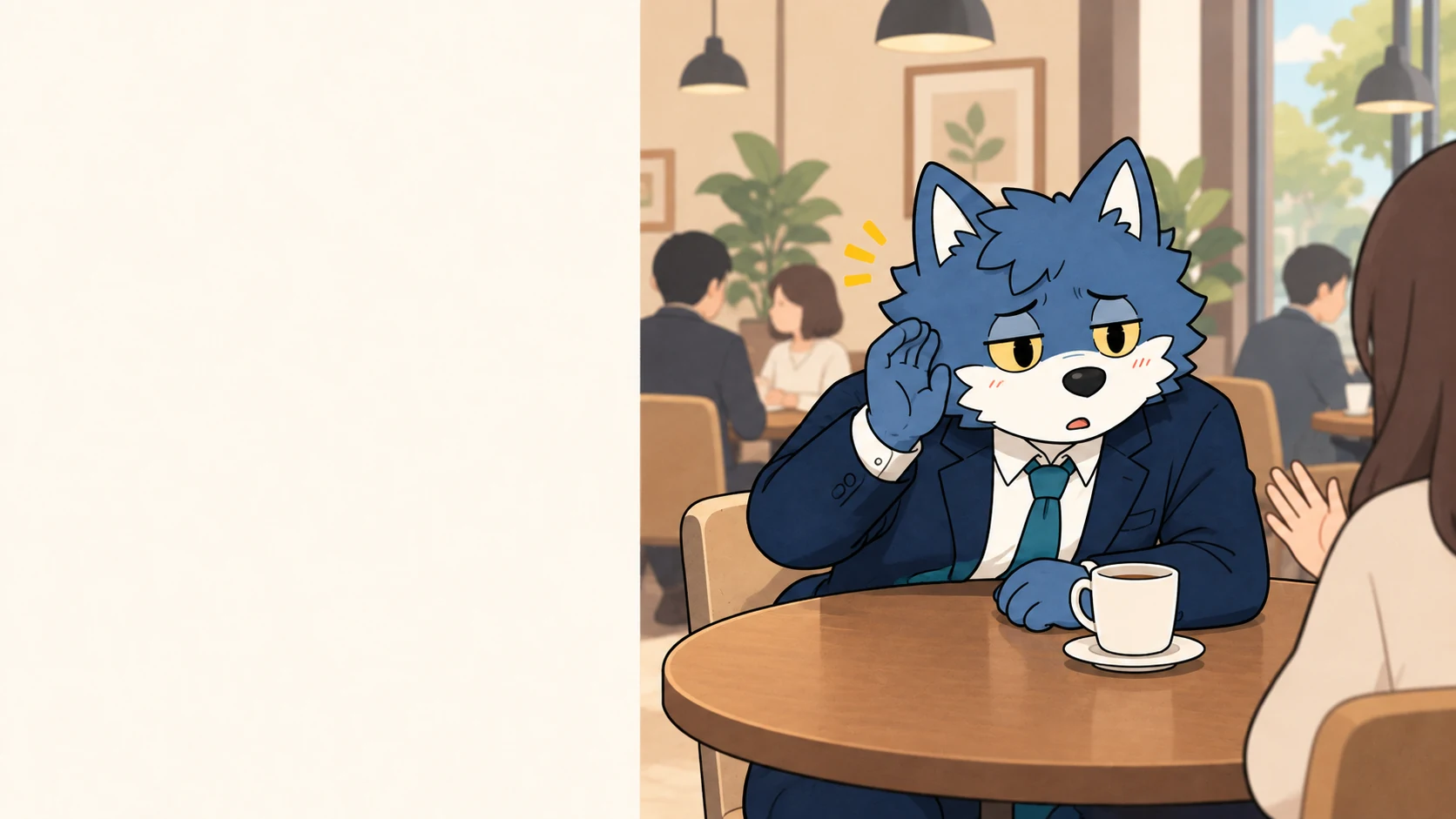 混み合う喫茶店で相手の声を聞き取ろうとするウルフくん
