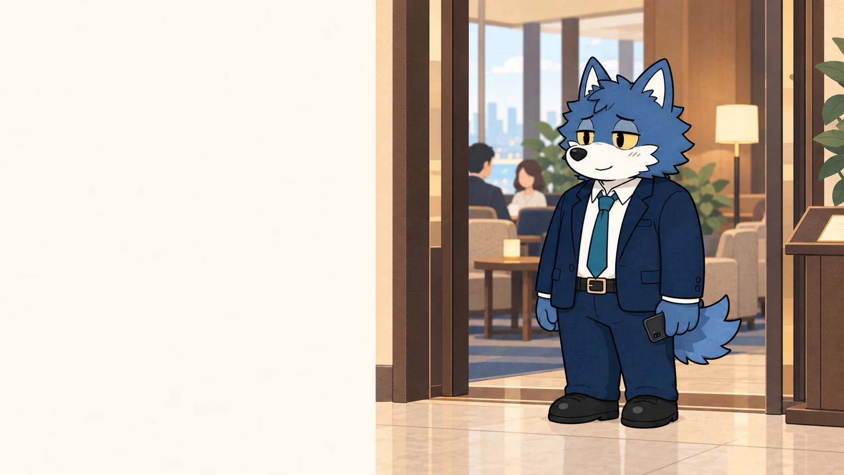 下見を終えてラウンジの入口で落ち着いて相手を待つウルフくん