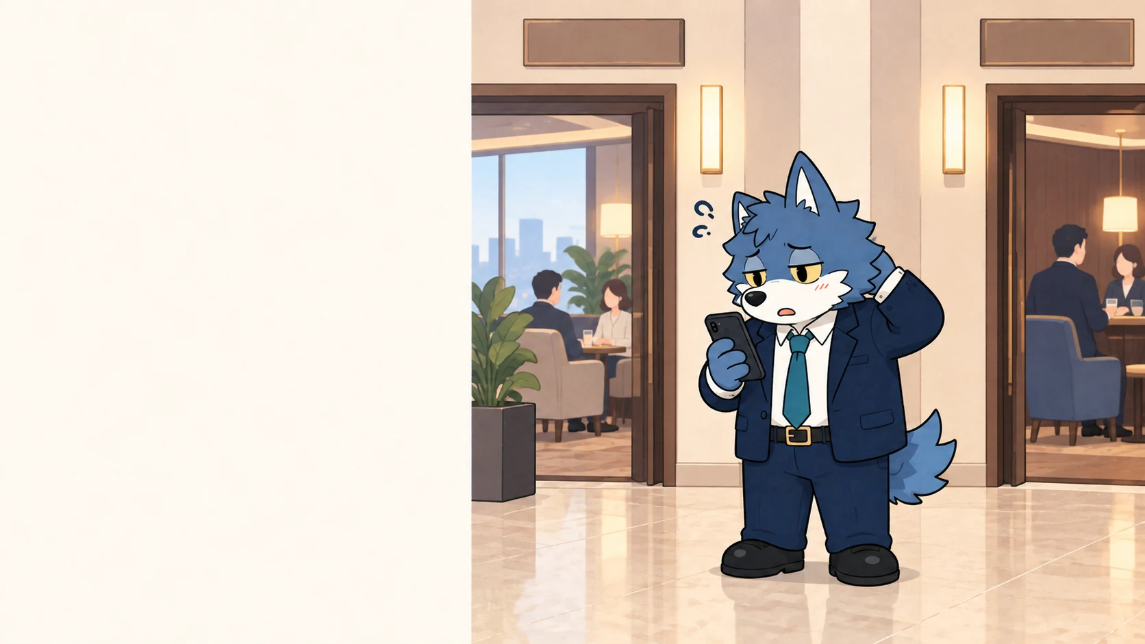 同じフロアにある二つのラウンジの入口を前に待ち合わせの店名を確認するウルフくん