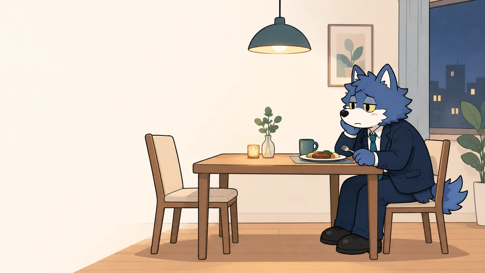 一人分の夕食を前に、向かいの空いた椅子を見つめるウルフくん