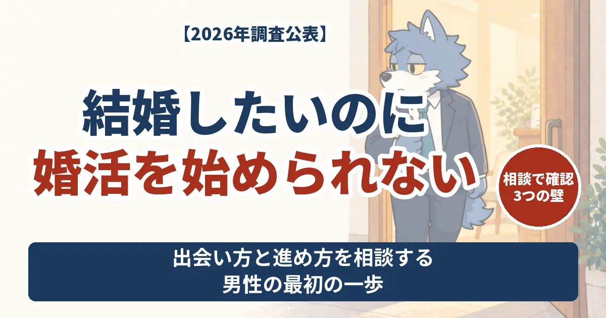 婚活を始められない男性へ、相談所の開いた扉の前でノートを持つウルフくん