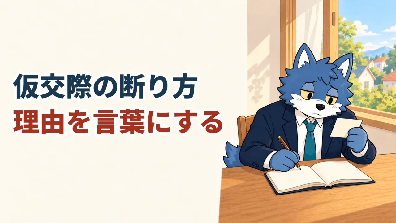 開いたノートで仮交際の違和感を整理し、担当者に伝える言葉を考えるウルフくん