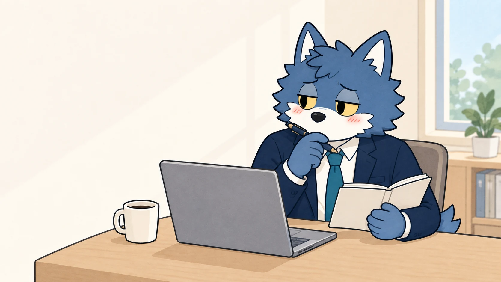 プロフィールを読み、自分の見せ方を見直すウルフくん