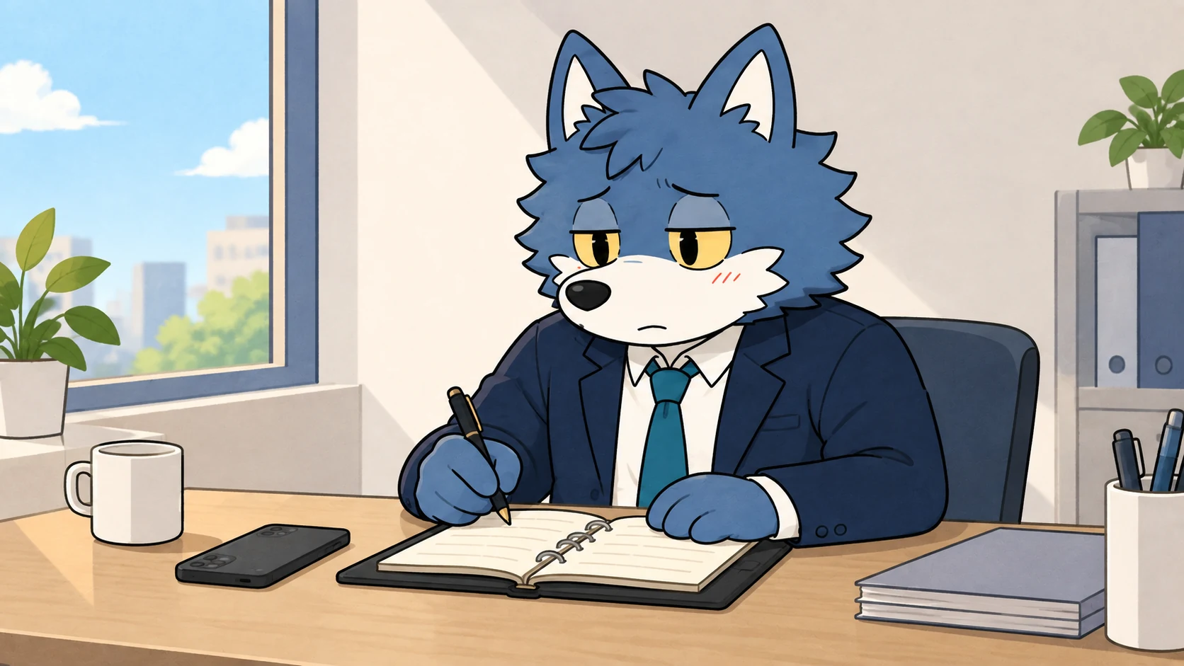 ノートに自分の活動と確認したいことを書き出すウルフくん