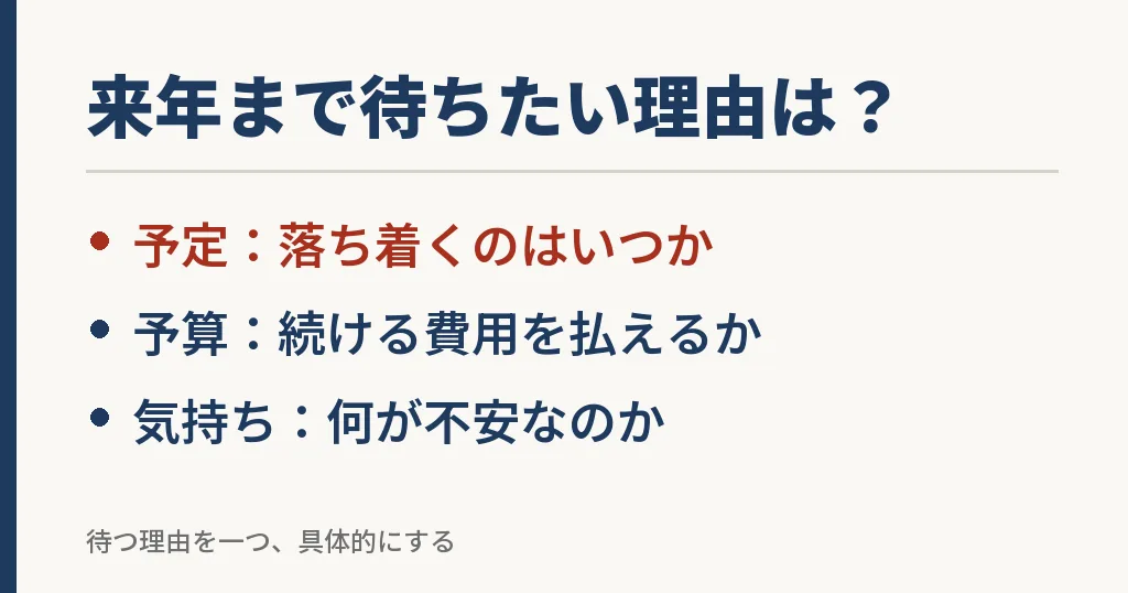 来年まで待つ理由を予定・予算・気持ちに分けて考える図解